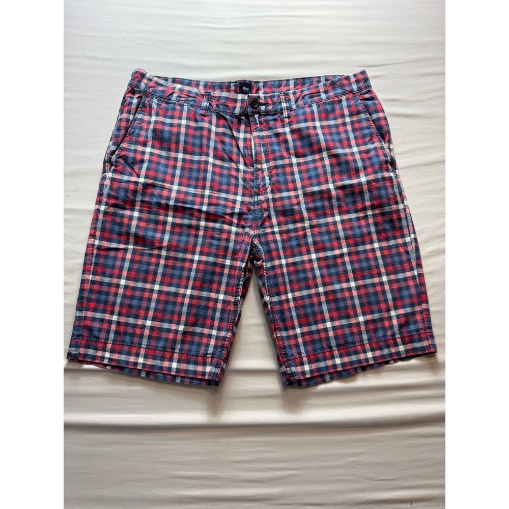 Gap Mens Plaid Lived-In Shorts Size 38 Red White Blue Check Flat‎ Front Preppy
